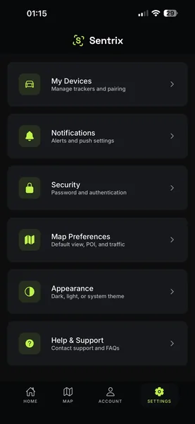 Sentrix app &middot; Settings