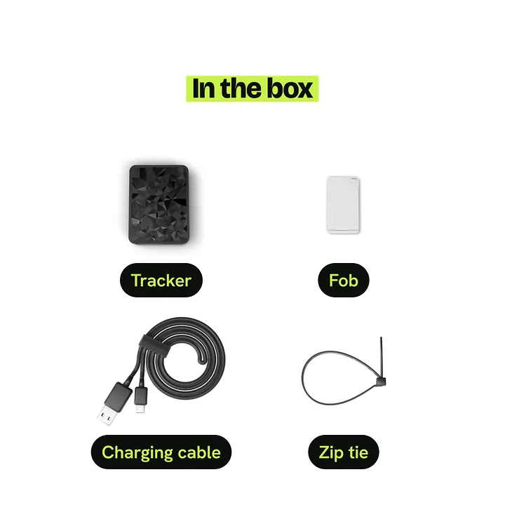 What comes in the box: the tracker, the fob, a charging cable and a zip tie