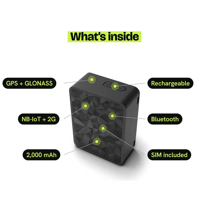 Sentrix tracker with labels: GPS and GLONASS, NB-IoT and 2G, 2,000 mAh, rechargeable, Bluetooth and SIM included