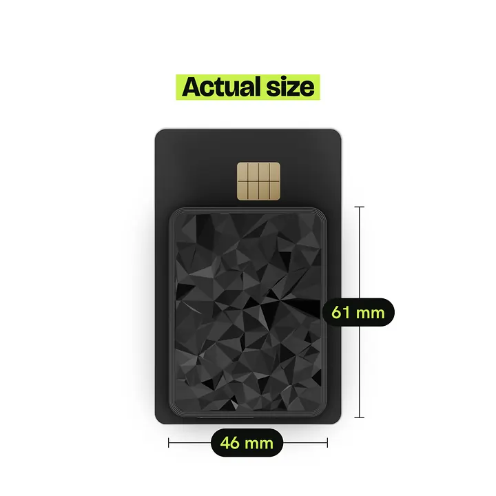 Sentrix tracker lying on a bank card, measured at 46 by 61 mm